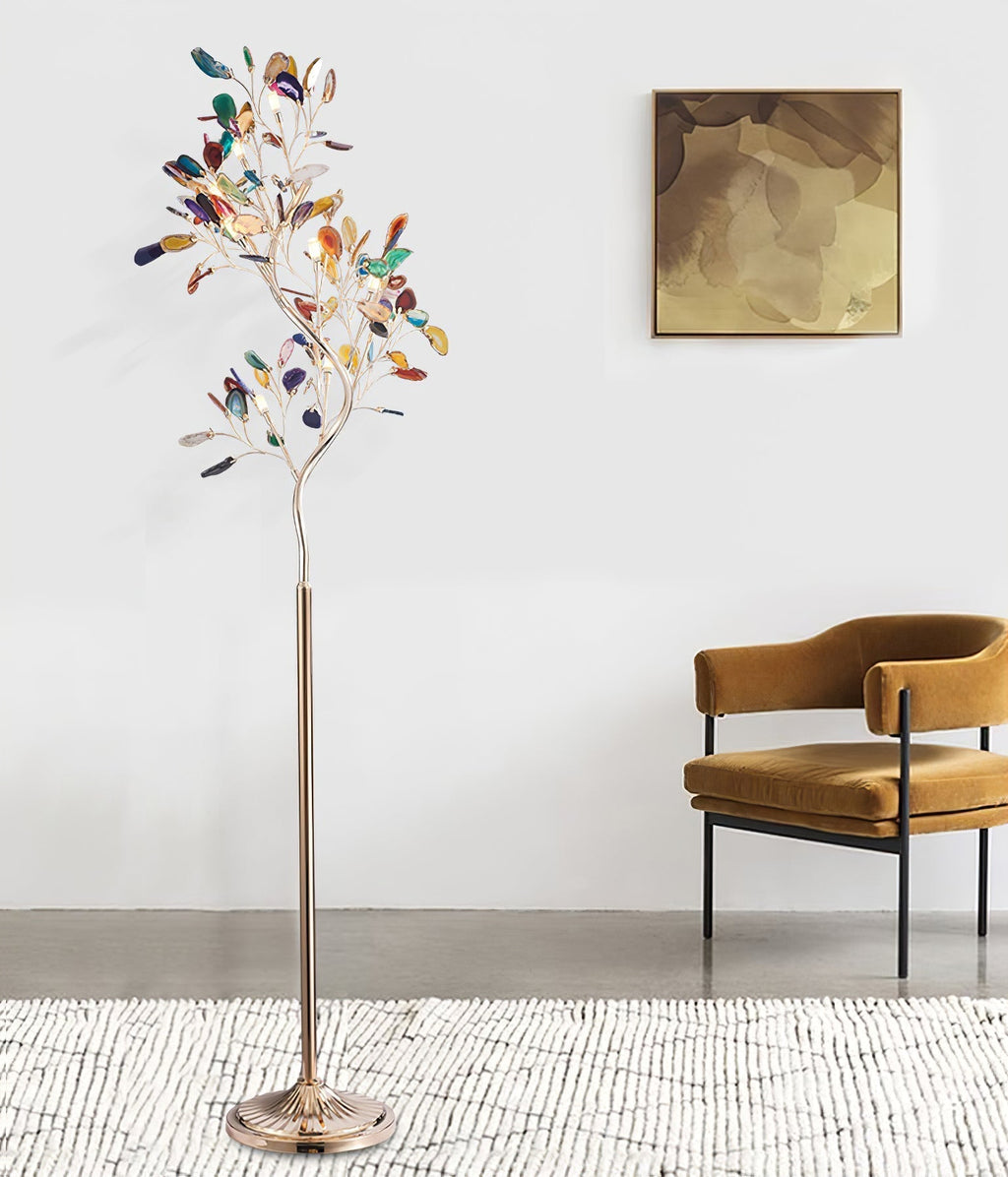 Lampadaire en agate avec sculpture en forme d'arbre à huit lampes, finition cuivre, aspect multicolore