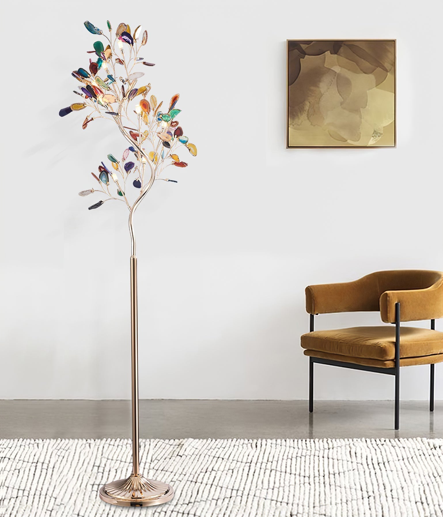 Lampadaire en agate avec sculpture en forme d'arbre à huit lampes, finition cuivre, aspect multicolore