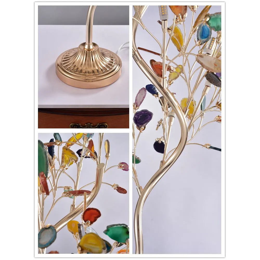 Lampadaire en agate avec sculpture en forme d'arbre à huit lampes, finition cuivre, aspect multicolore
