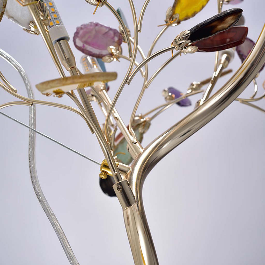 Lampadaire en agate avec sculpture en forme d'arbre à huit lampes, finition cuivre, aspect multicolore