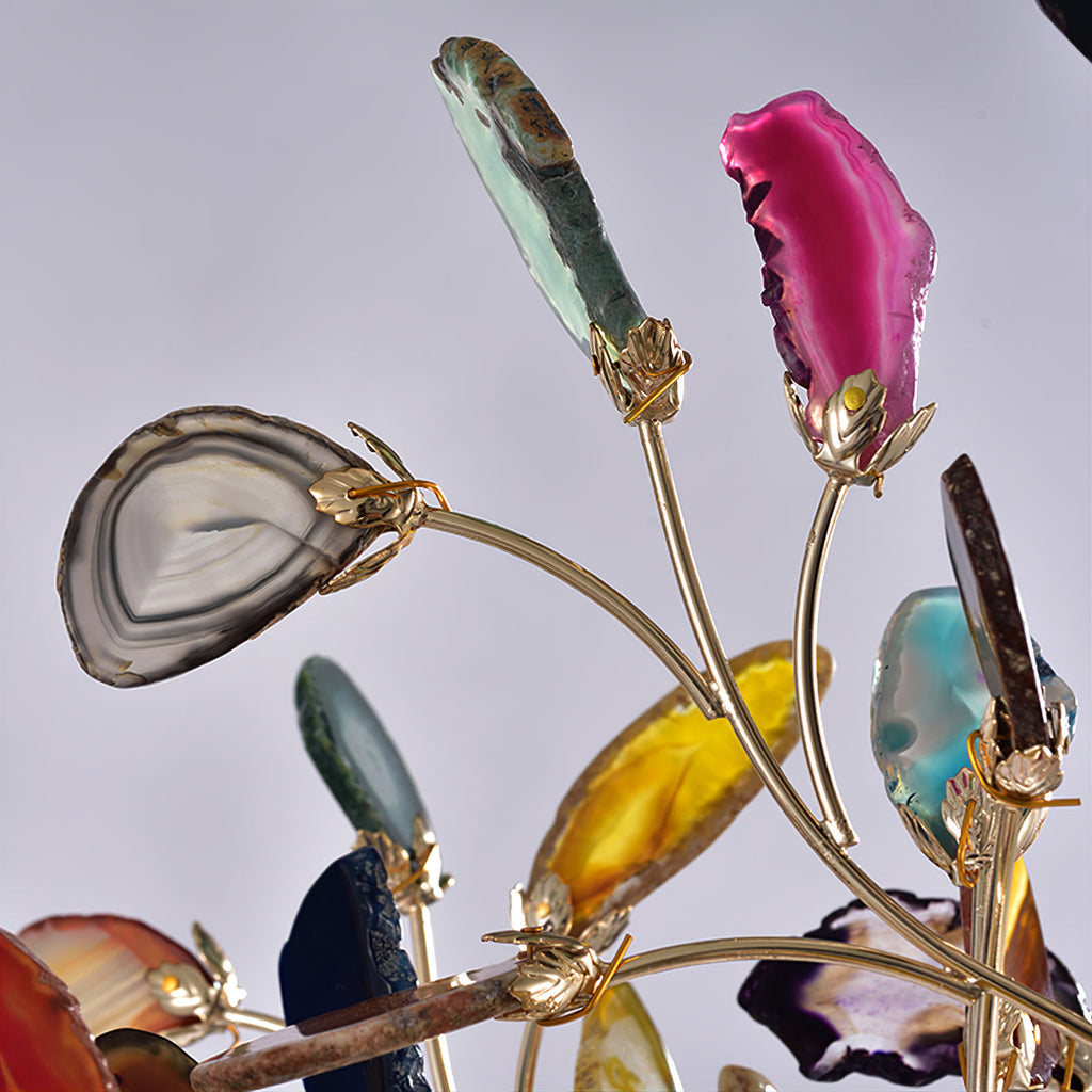 Lampadaire en agate avec sculpture en forme d'arbre à huit lampes, finition cuivre, aspect multicolore