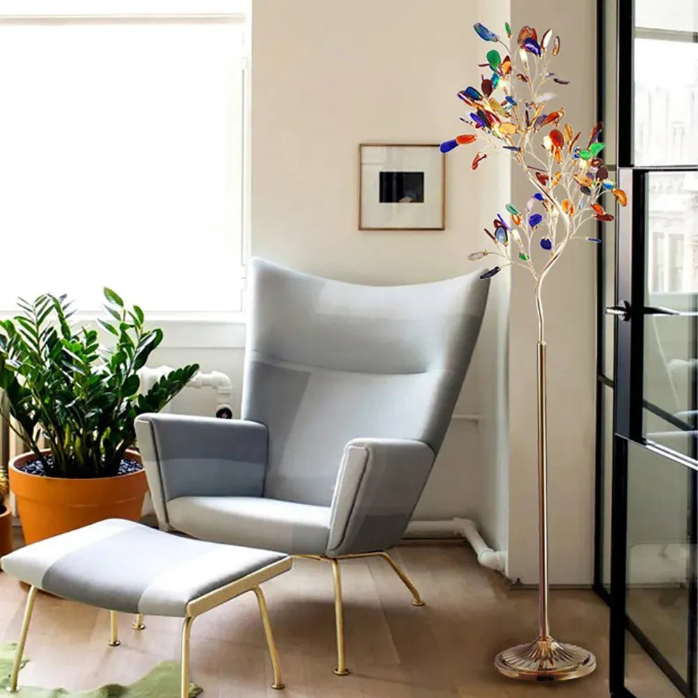 Lampadaire en agate avec sculpture en forme d'arbre à huit lampes, finition cuivre, aspect multicolore
