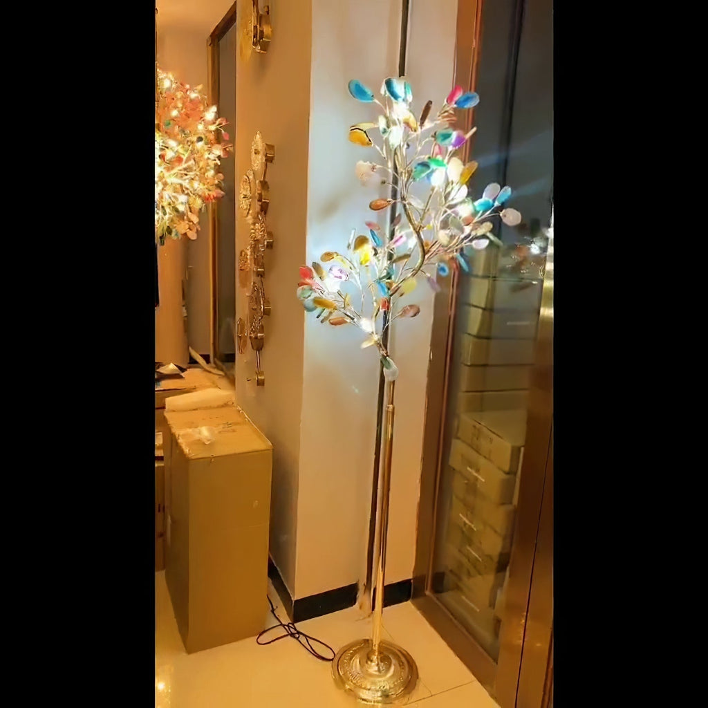 Lampadaire en agate avec sculpture en forme d'arbre à huit lampes, finition cuivre, aspect multicolore