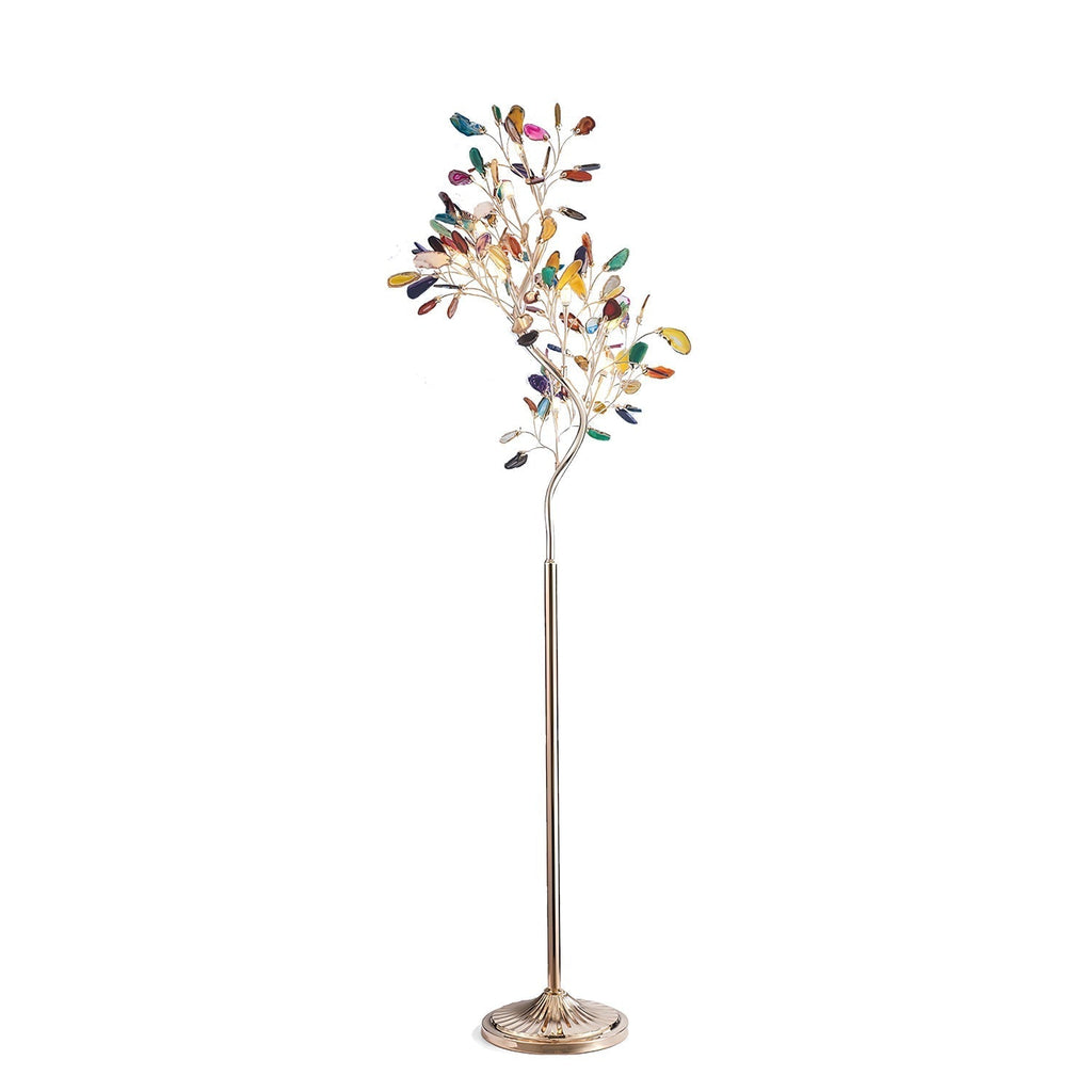 Lampadaire en agate avec sculpture en forme d'arbre à huit lampes, finition cuivre, aspect multicolore