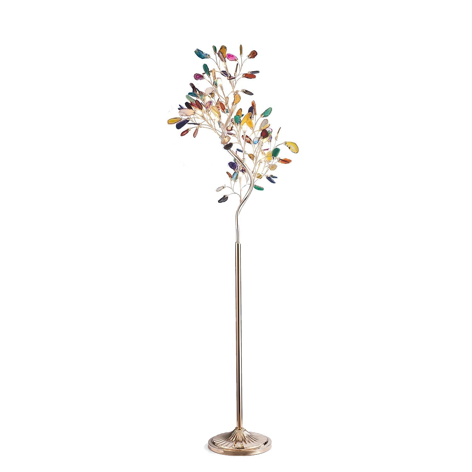 Lampadaire en agate avec sculpture en forme d'arbre à huit lampes, finition cuivre, aspect multicolore