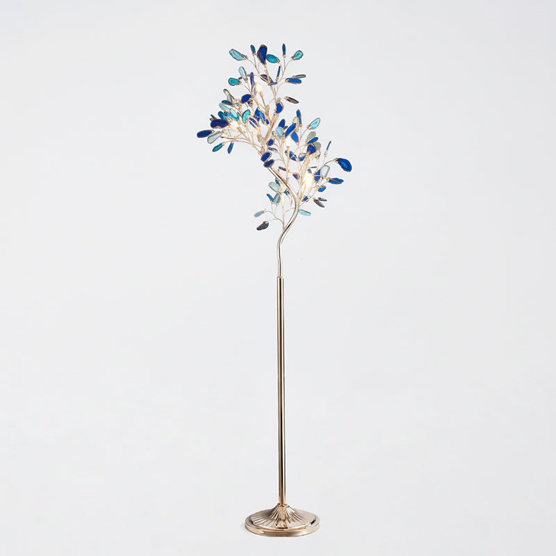 Lampadaire en agate avec sculpture en forme d'arbre à huit lampes, finition cuivre, aspect multicolore