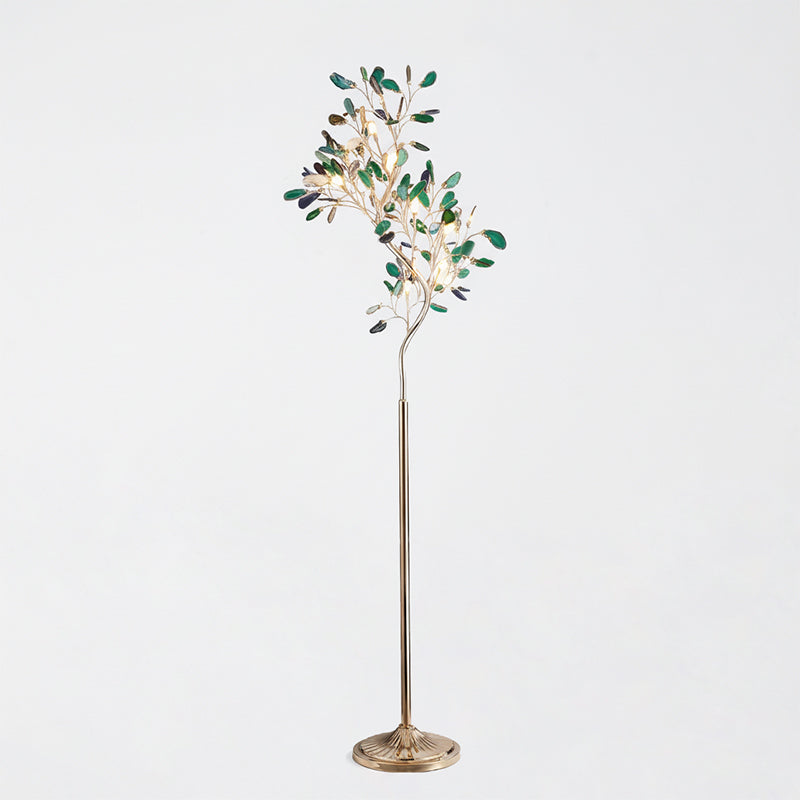 Lampadaire en agate avec sculpture en forme d'arbre à huit lampes, finition cuivre, aspect multicolore