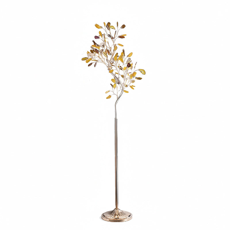 Lampadaire en agate avec sculpture en forme d'arbre à huit lampes, finition cuivre, aspect multicolore
