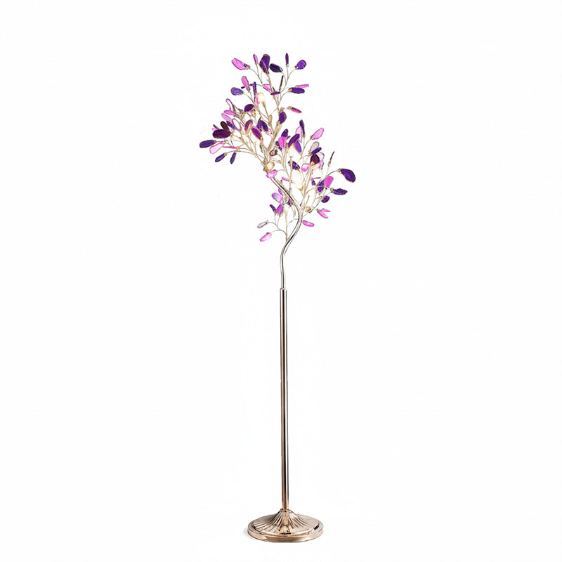 Lampadaire en agate avec sculpture en forme d'arbre à huit lampes, finition cuivre, aspect multicolore