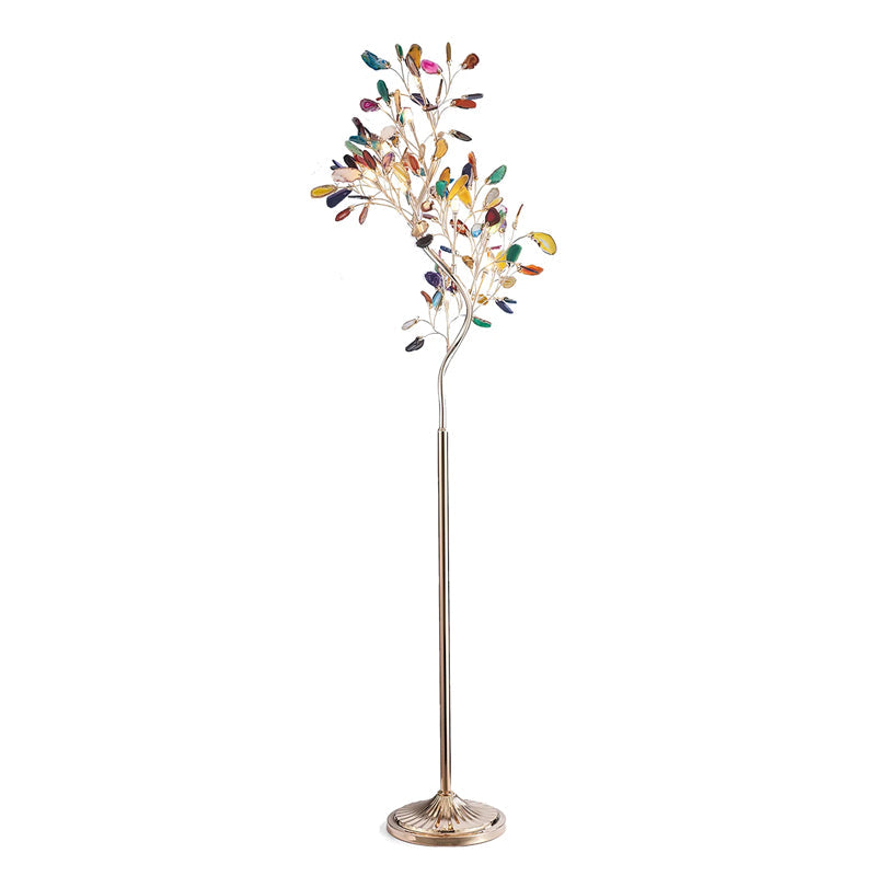 Lampadaire en agate avec sculpture en forme d'arbre à huit lampes, finition cuivre, aspect multicolore