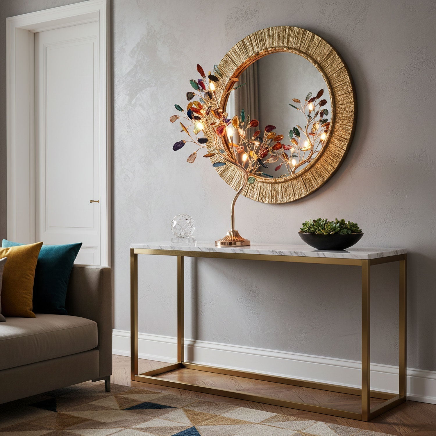 Agate Chandelier With Natural Stone Accents And Rose Gold Frame, 65 Cm And 85 Cm