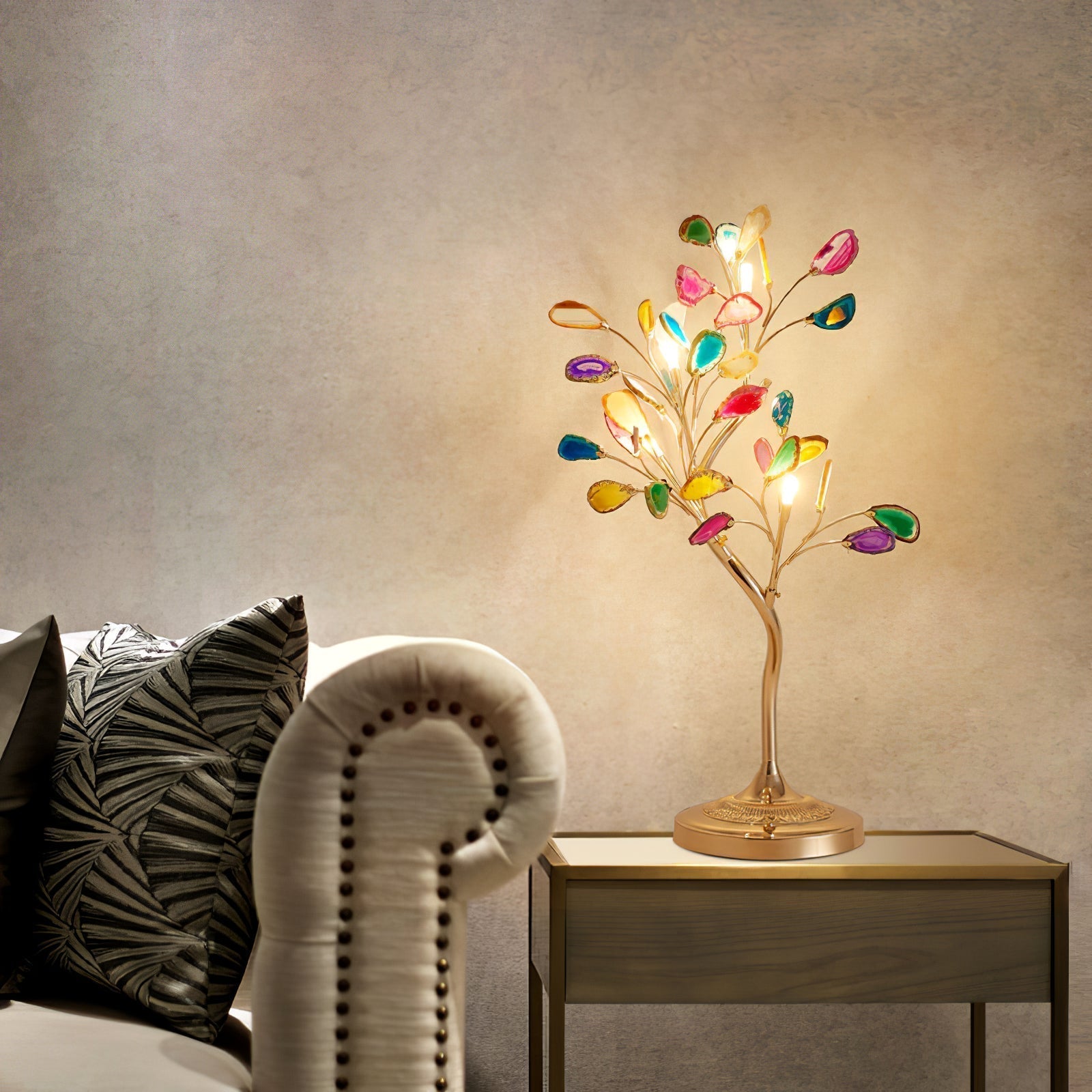 Agate Chandelier With Natural Stone Accents And Rose Gold Frame, 65 Cm And 85 Cm