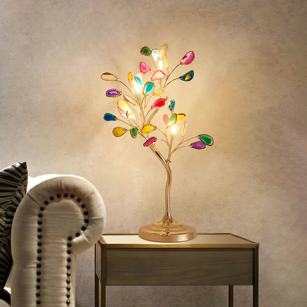 Agate Chandelier With Natural Stone Accents And Rose Gold Frame, 65 Cm And 85 Cm