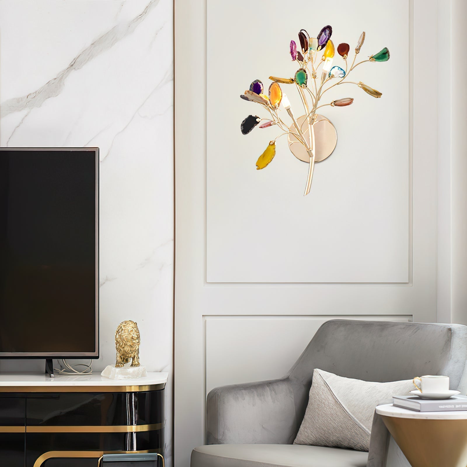 Lámpara de Pared Ágata con Piedra de Ágata y Acabado en Latón Dorado Iluminación Moderna para Sala de Estar