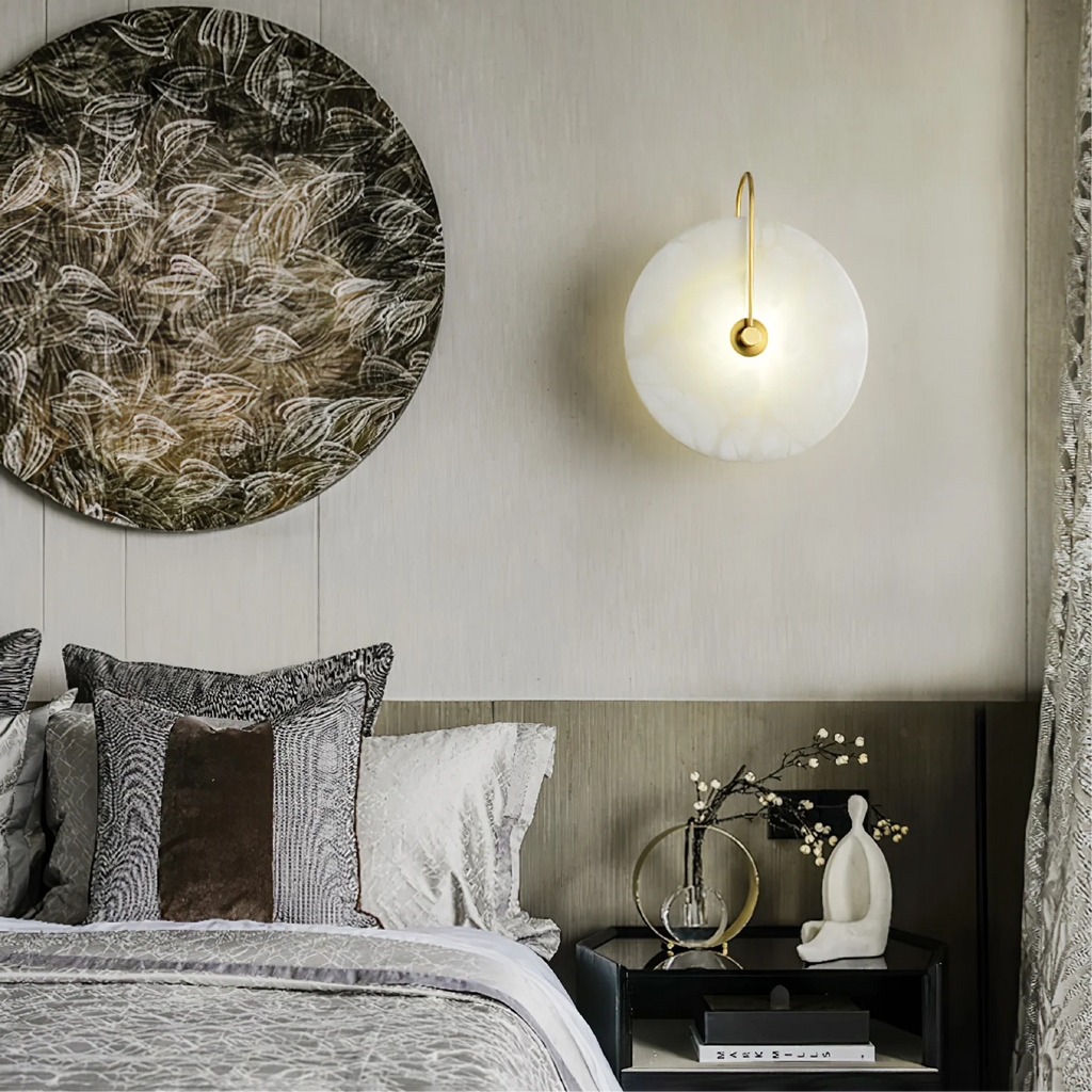 Lampada da parete LED in marmo alabastro, rotonda color oro, per illuminazione ambientale in camera da letto e corridoio