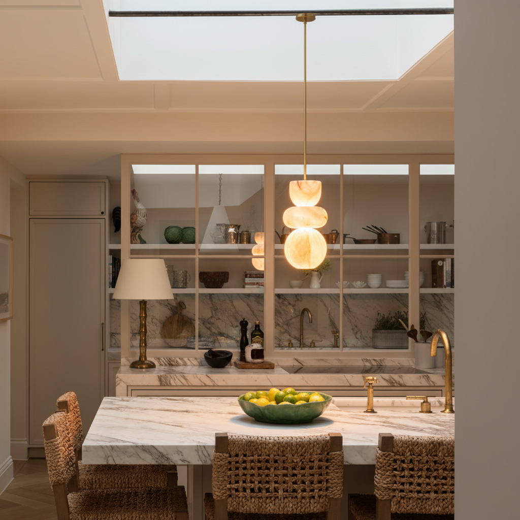 Alabasterpendellampa med mässingsarmatur och inbyggd LED