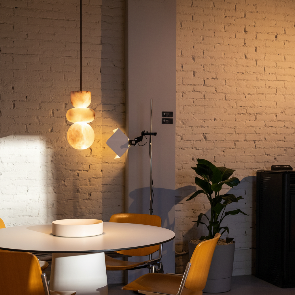 Alabasterpendellampa med mässingsarmatur och inbyggd LED