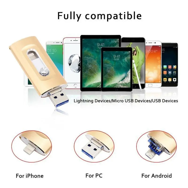 3-in-1 USB Stick Metal 6.6x2cm Lightning USB-C USB 3.0 iPhone Android Mac PC 256GB 2TB Photo Video Storage Keychain
