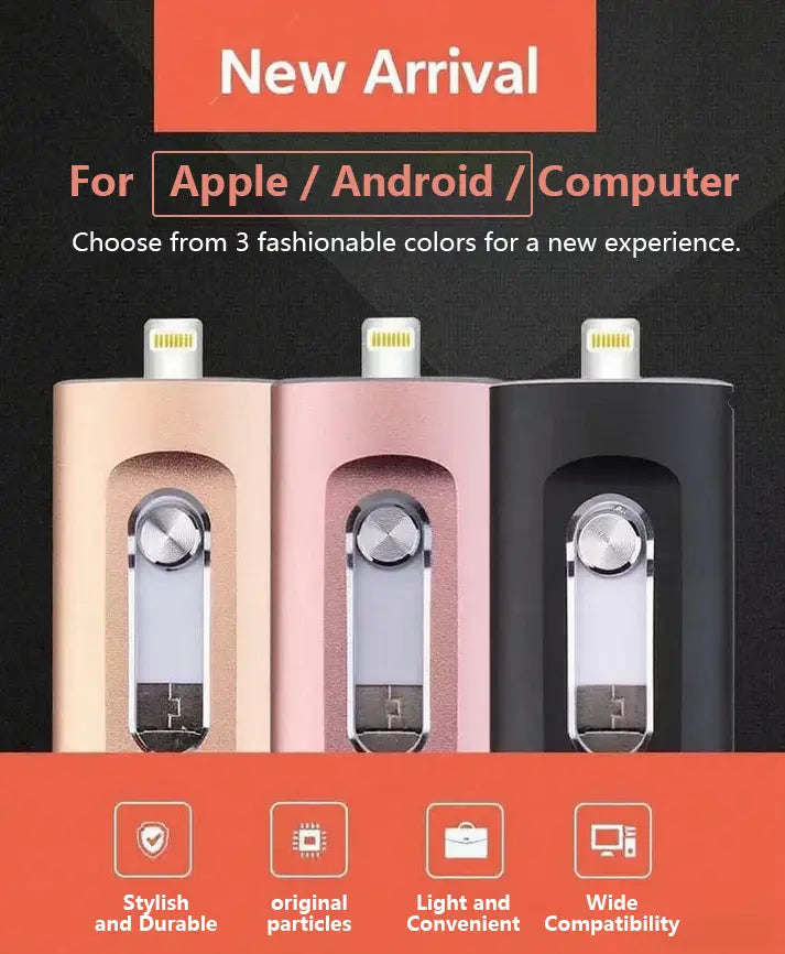 3-in-1 USB Stick Metal 6.6x2cm Lightning USB-C USB 3.0 iPhone Android Mac PC 256GB 2TB Photo Video Storage Keychain