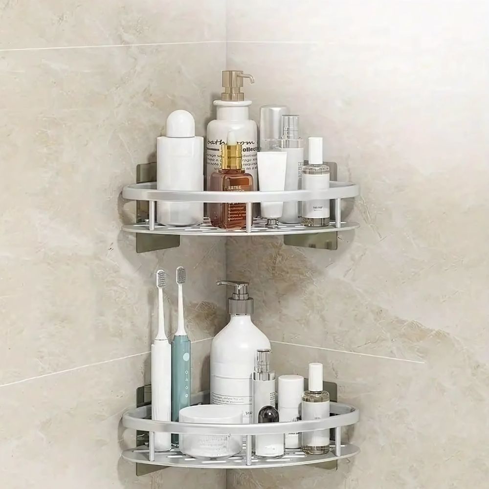 Aluminum Corner Shower Shelf With Self-Adhesive Mount Silver Bathroom Organizer