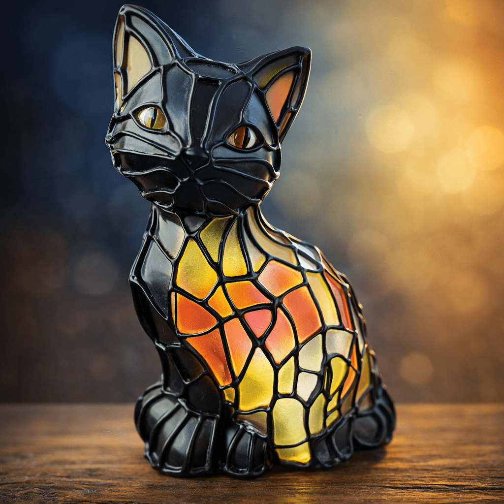 AmberPaw Studio Umělecká Tiffany kočičí lampa s teplým jantarovým světlem