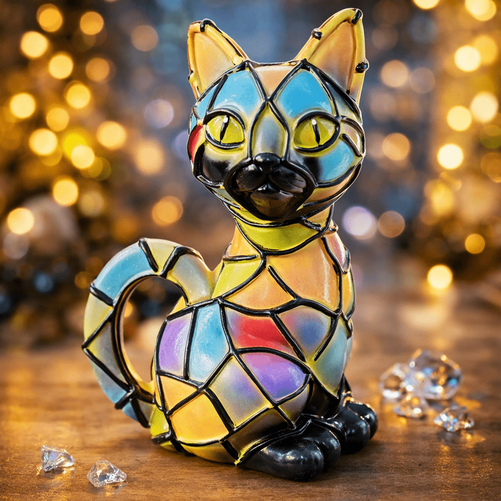 AmberPaw Studio Umělecká Tiffany kočičí lampa s teplým jantarovým světlem