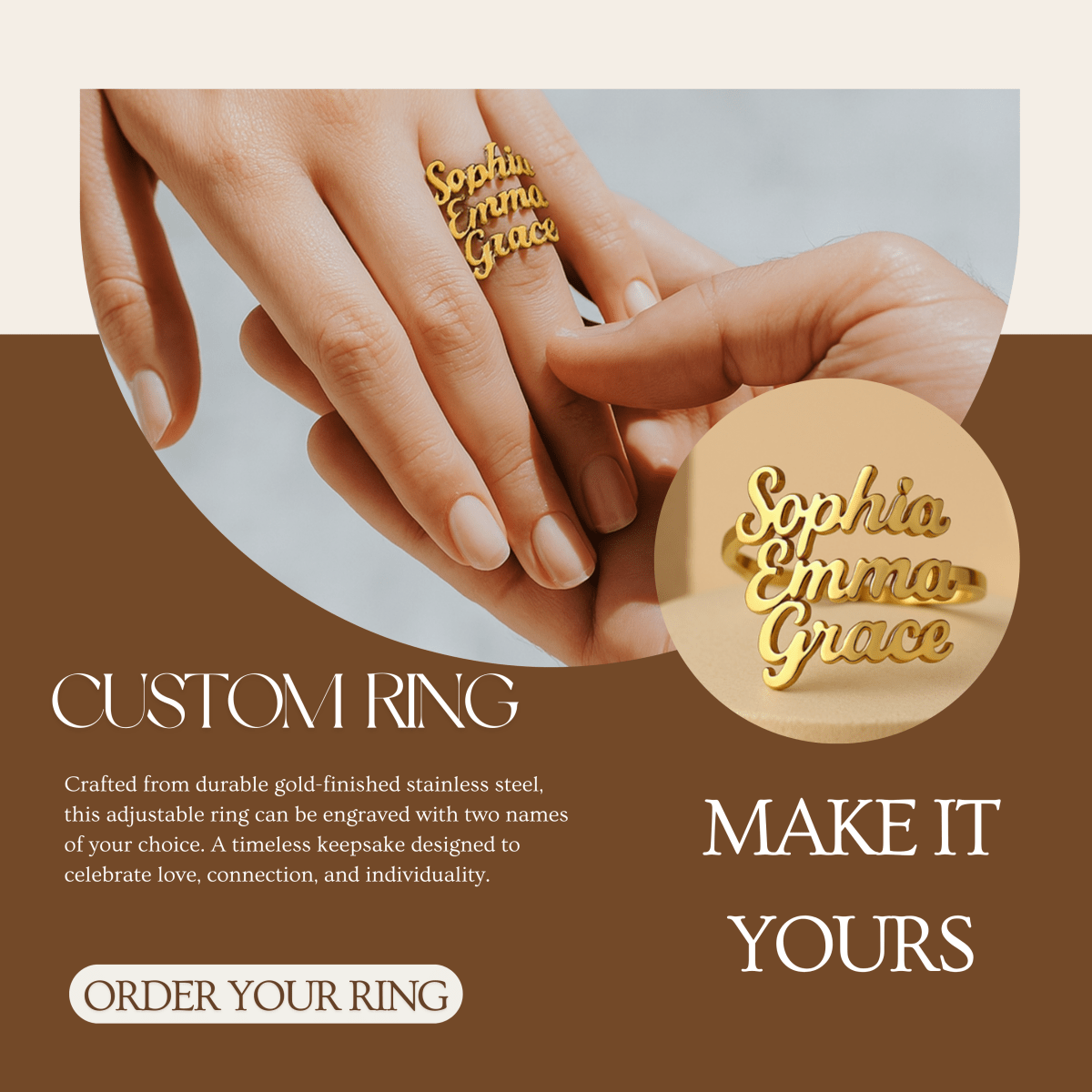 Liora Elegant Name Ring In Stainless Steel With Engraving