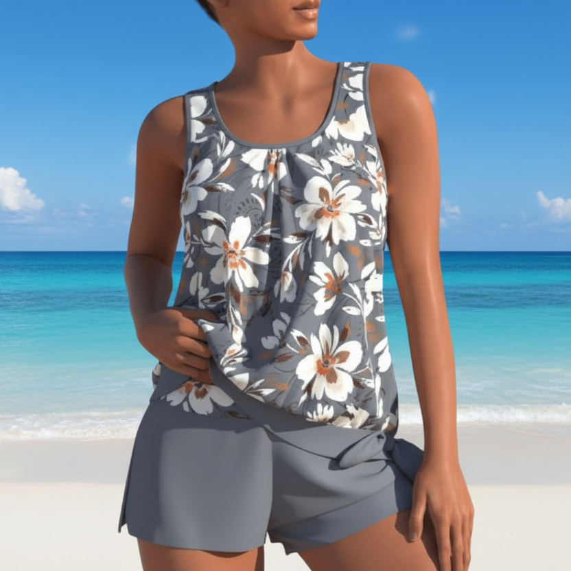 Luminara Bloom Two-Tone Tankini Set With Floral Pattern For Elegant Summer Moments