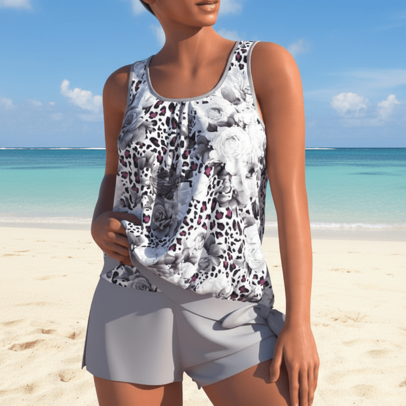 Luminara Bloom Two-Tone Tankini Set With Floral Pattern For Elegant Summer Moments
