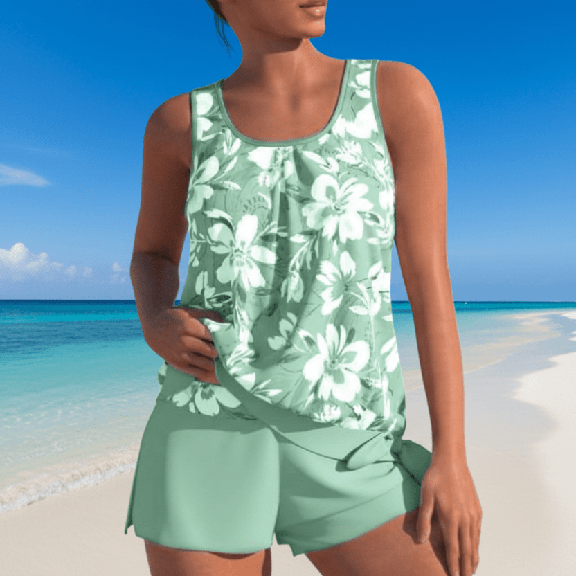 Luminara Bloom Two-Tone Tankini Set With Floral Pattern For Elegant Summer Moments