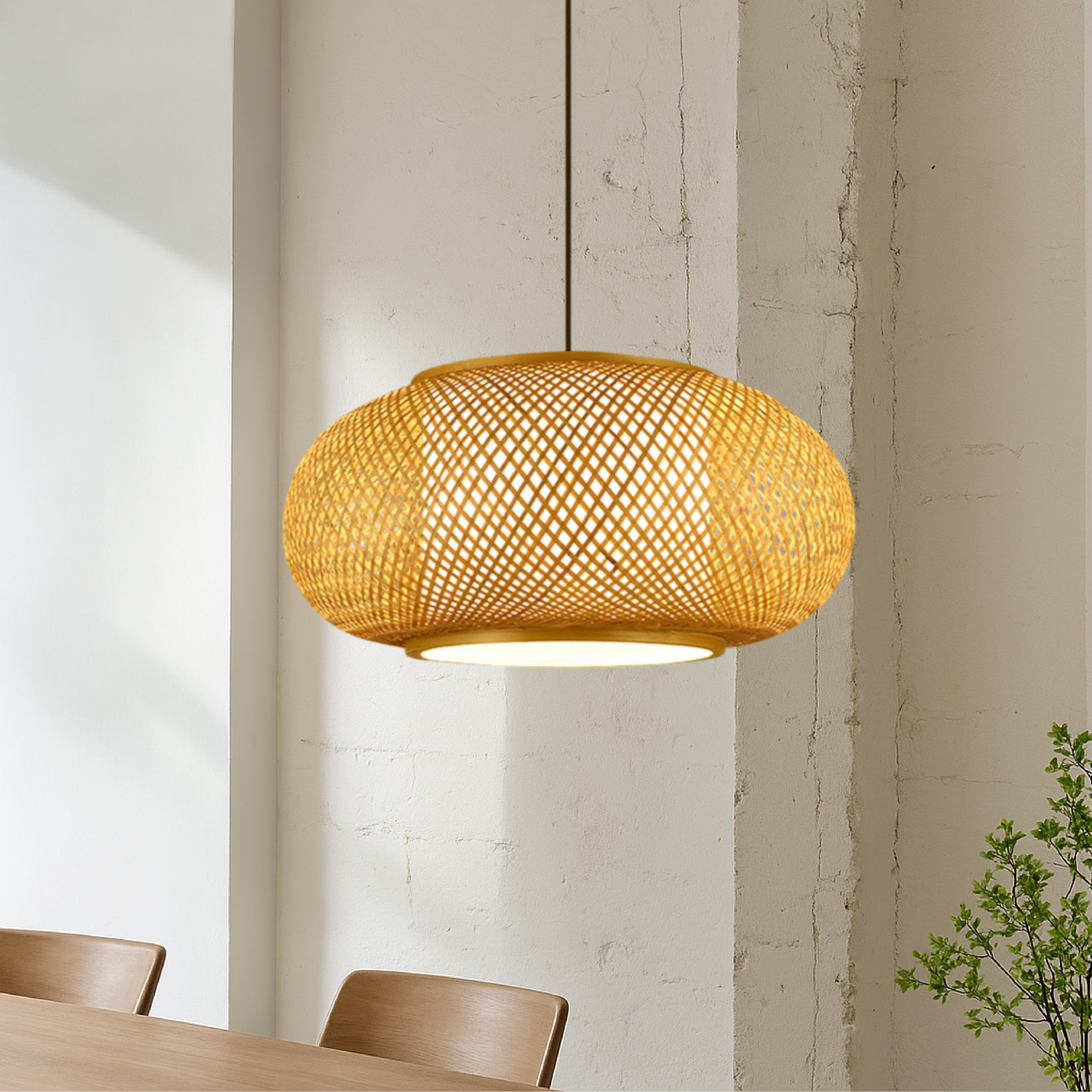 Aurorae Bamboo Pendant Light With Open Weave Shade