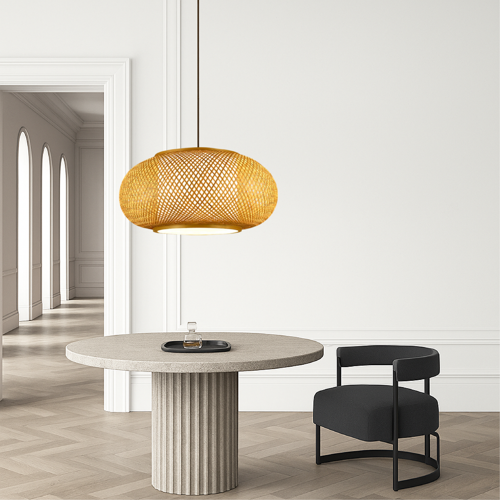 Aurorae Bamboo Pendant Light With Open Weave Shade