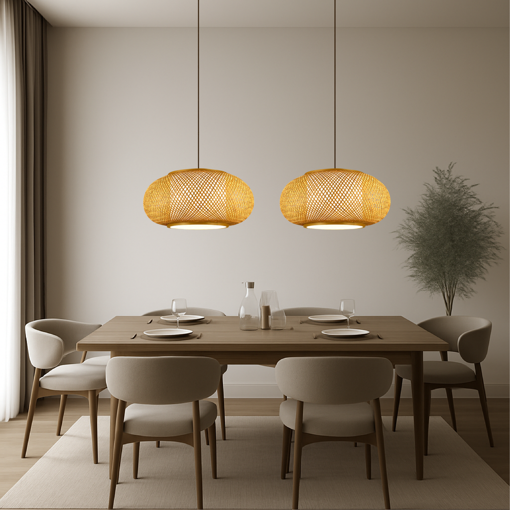 Aurorae Bamboo Pendant Light With Open Weave Shade
