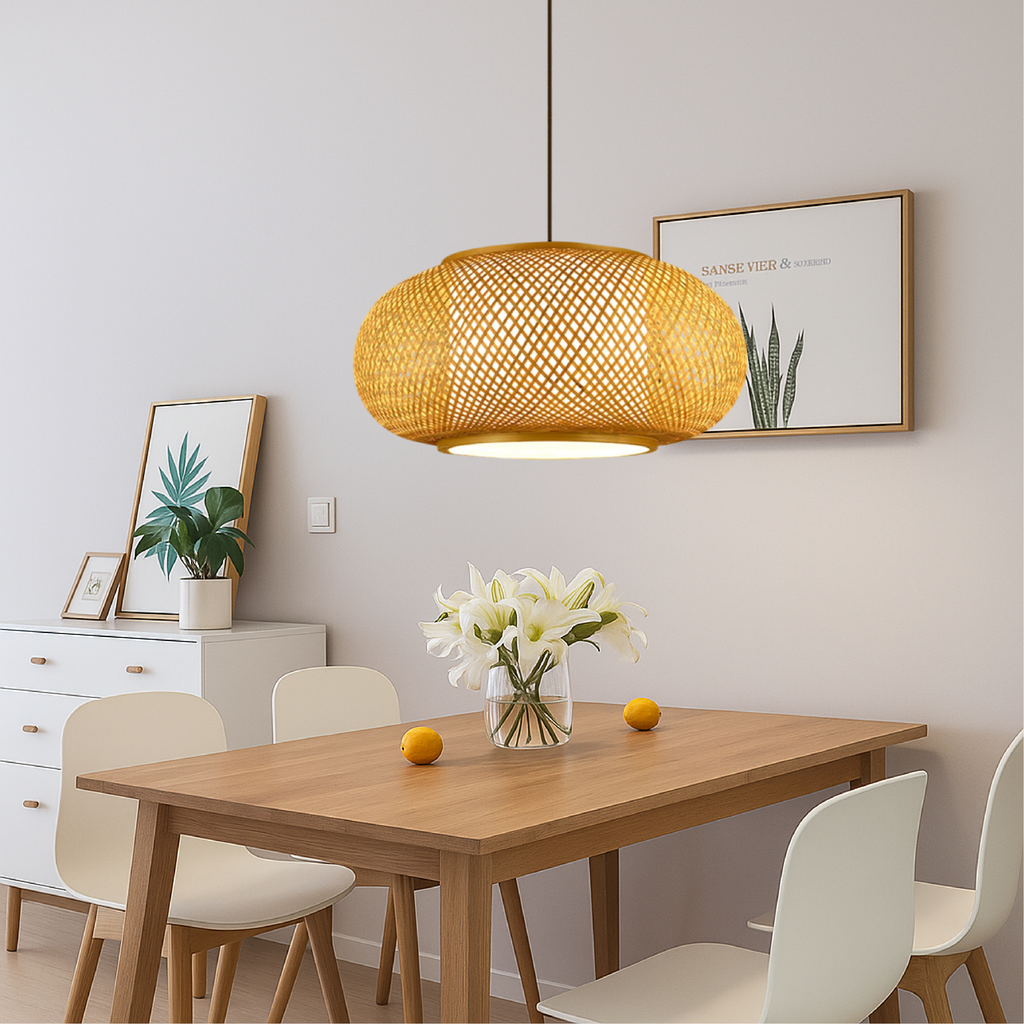 Aurorae Bamboo Pendant Light With Open Weave Shade