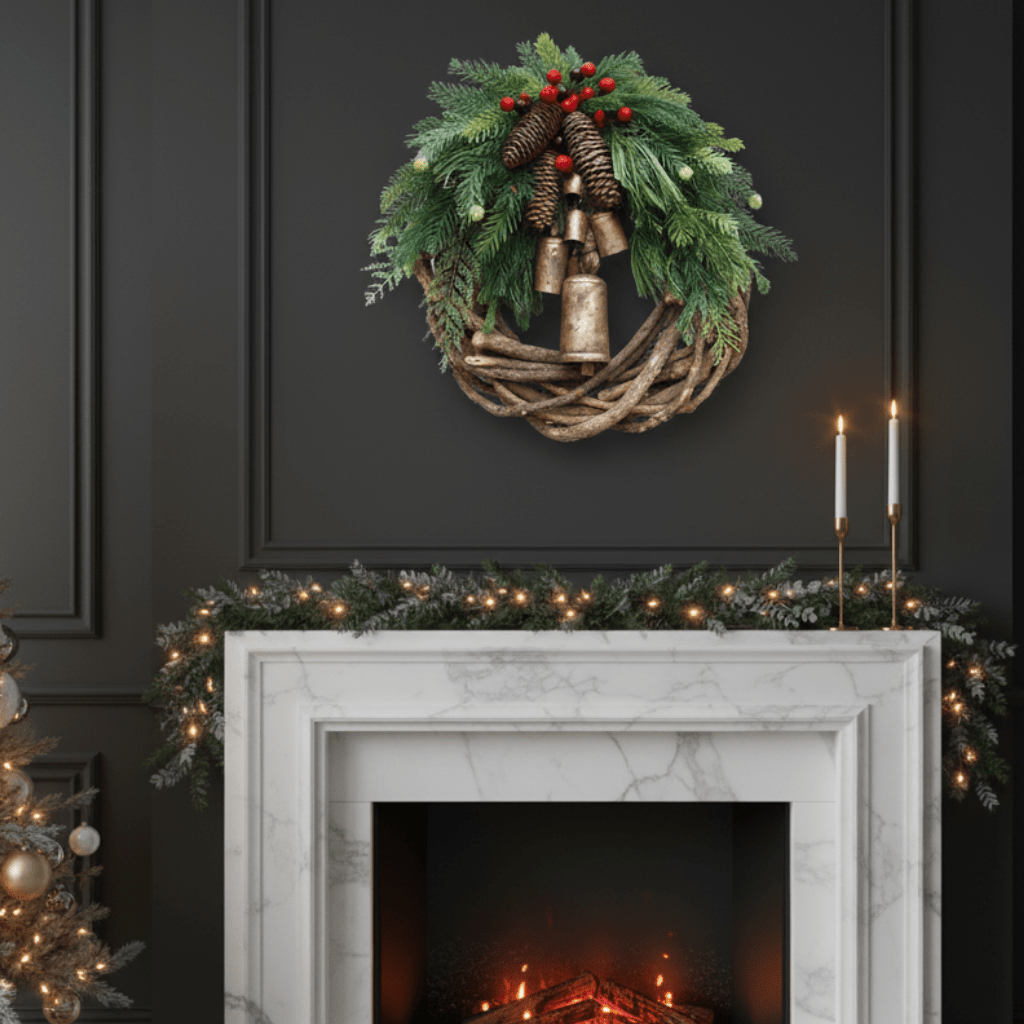 NookAura Doğal Çanlar ve Ahşap Detaylı Sıcak Noel Çelengi