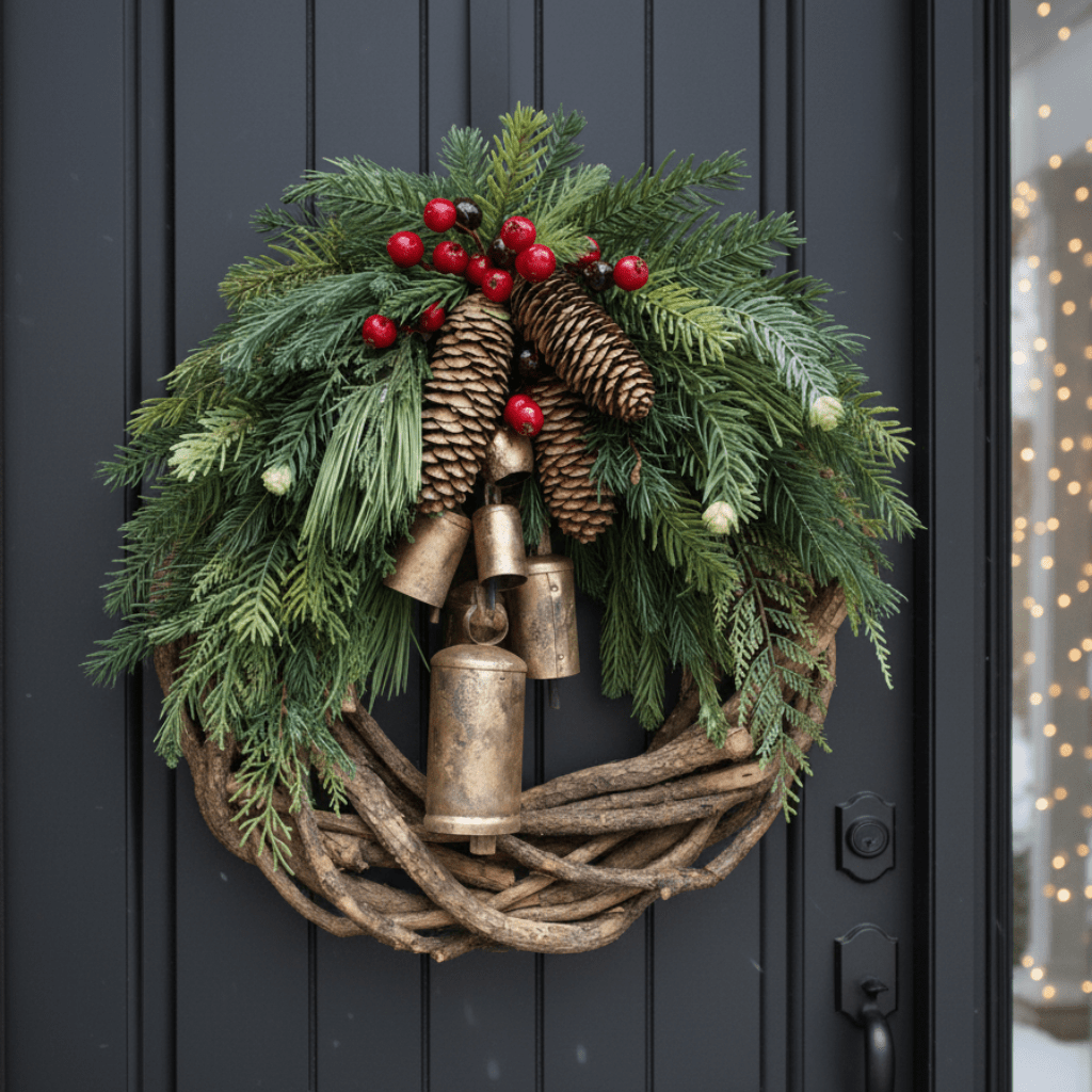 NookAura Doğal Çanlar ve Ahşap Detaylı Sıcak Noel Çelengi