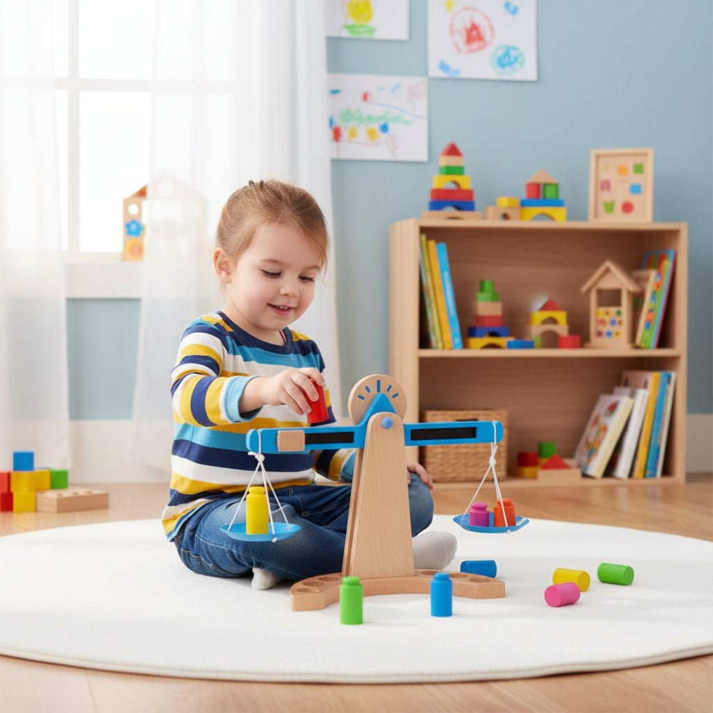 BrightBalance Wooden Balance Scale Educational Toy for Counting and Measuring Fun