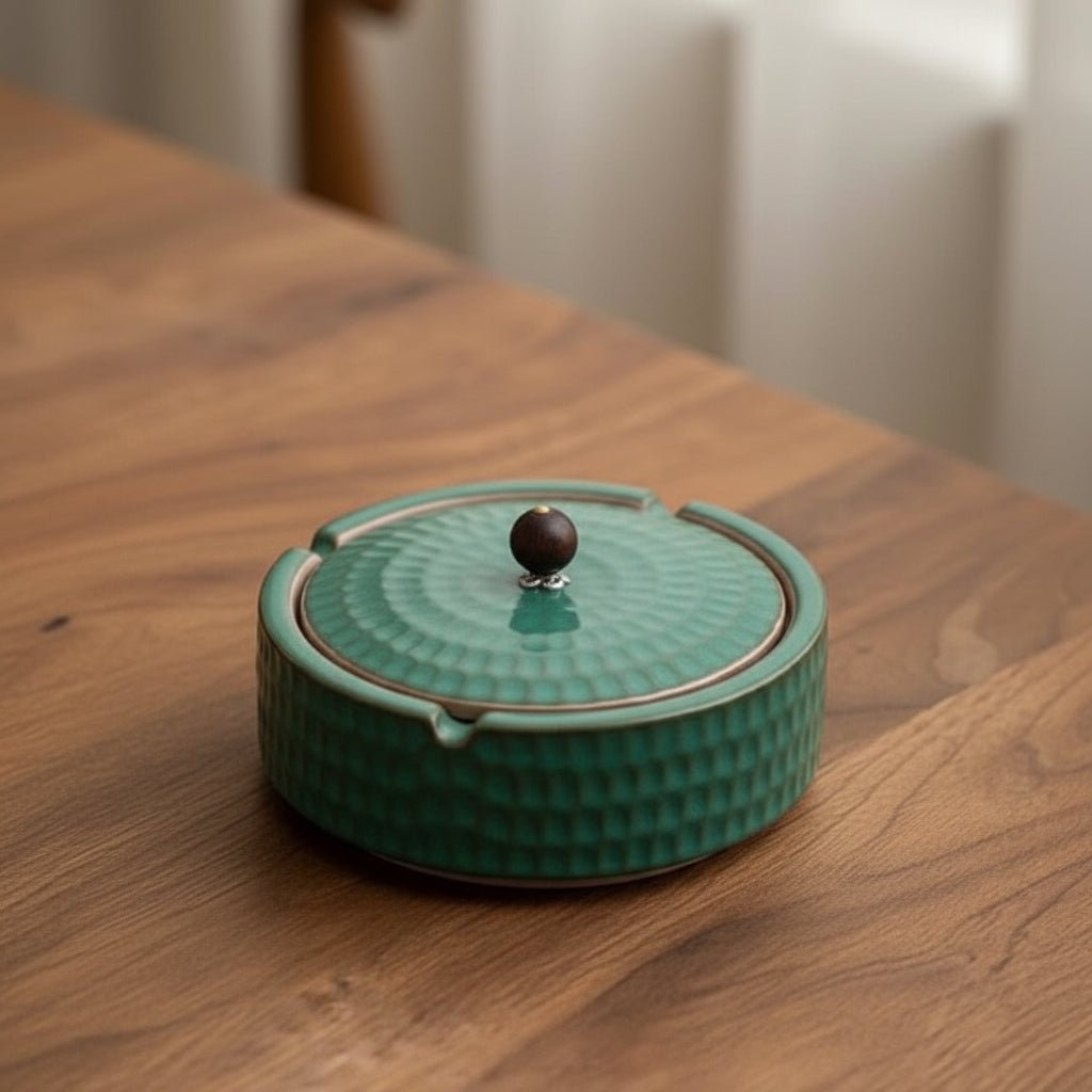Posacenere Minimalista in Ceramica CalmNest con Coperchio in Legno