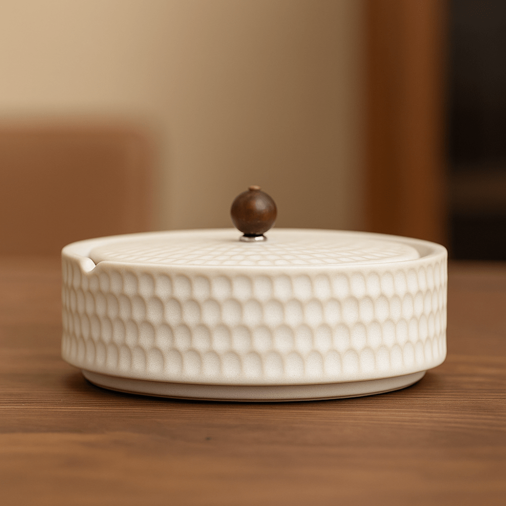Posacenere Minimalista in Ceramica CalmNest con Coperchio in Legno