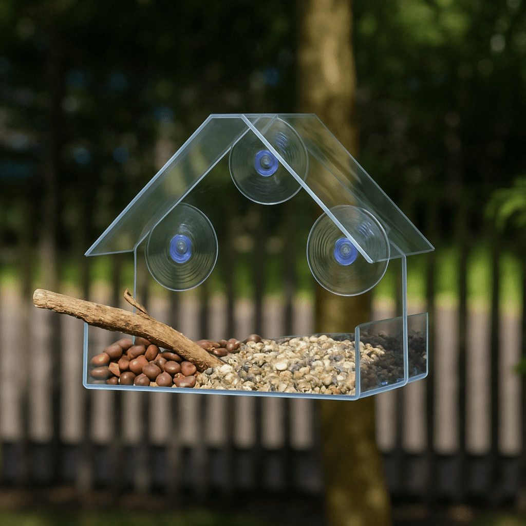 Comedero para Pájaros FeatherView con Ventana Transparente y Ventosas