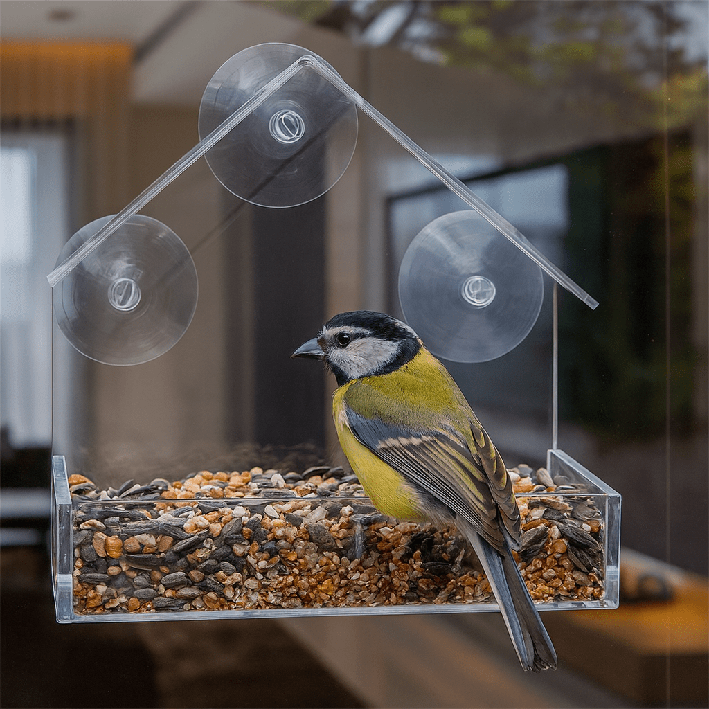 Comedero para Pájaros FeatherView con Ventana Transparente y Ventosas