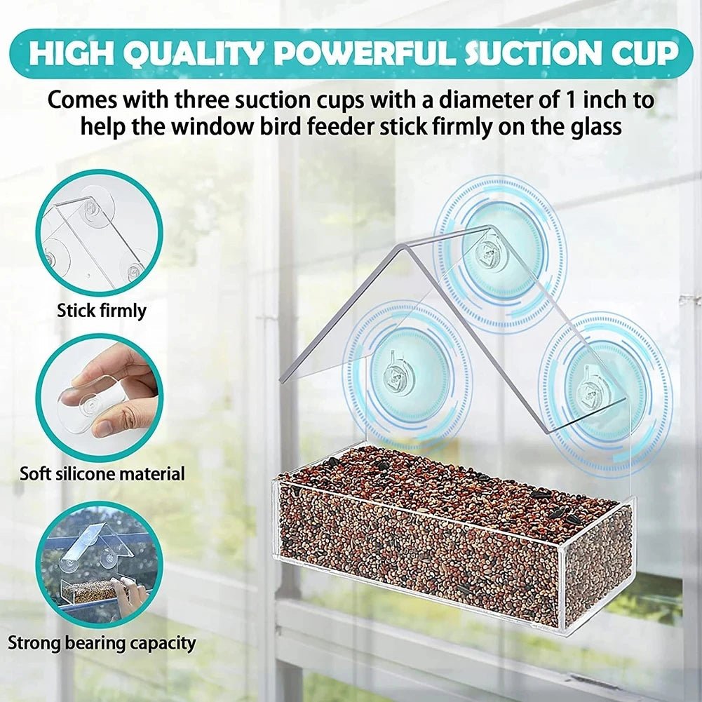 Comedero para Pájaros FeatherView con Ventana Transparente y Ventosas