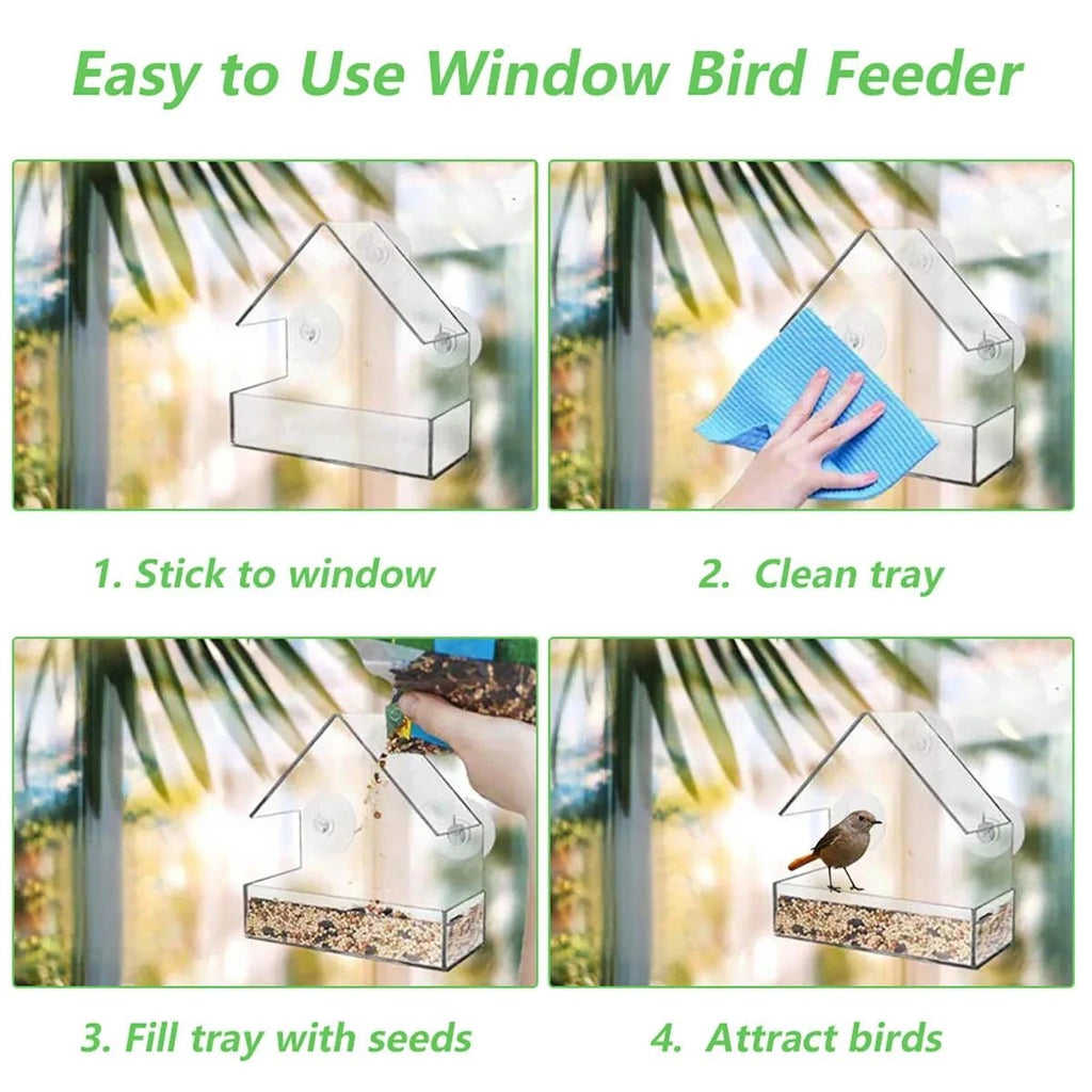 Comedero para Pájaros FeatherView con Ventana Transparente y Ventosas