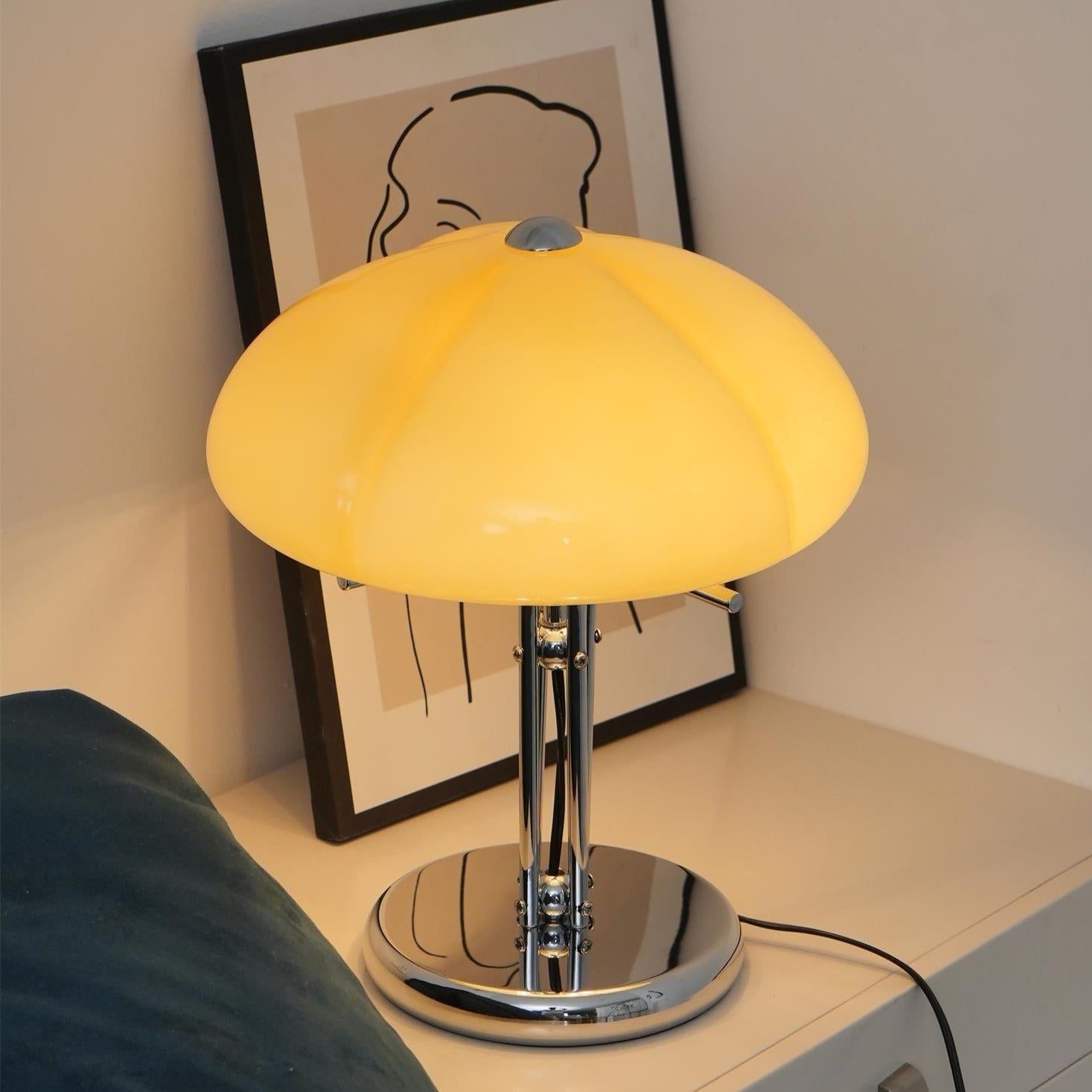 Mushroom Lamp For Tabletop In Bauhaus Style With Amber Glass Shade