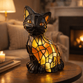 AmberPaw Studio Umělecká Tiffany kočičí lampa s teplým jantarovým světlem