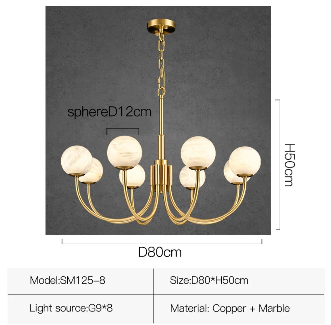 NovaLume Brass Alabaster Globe Chandelier for Living Rooms