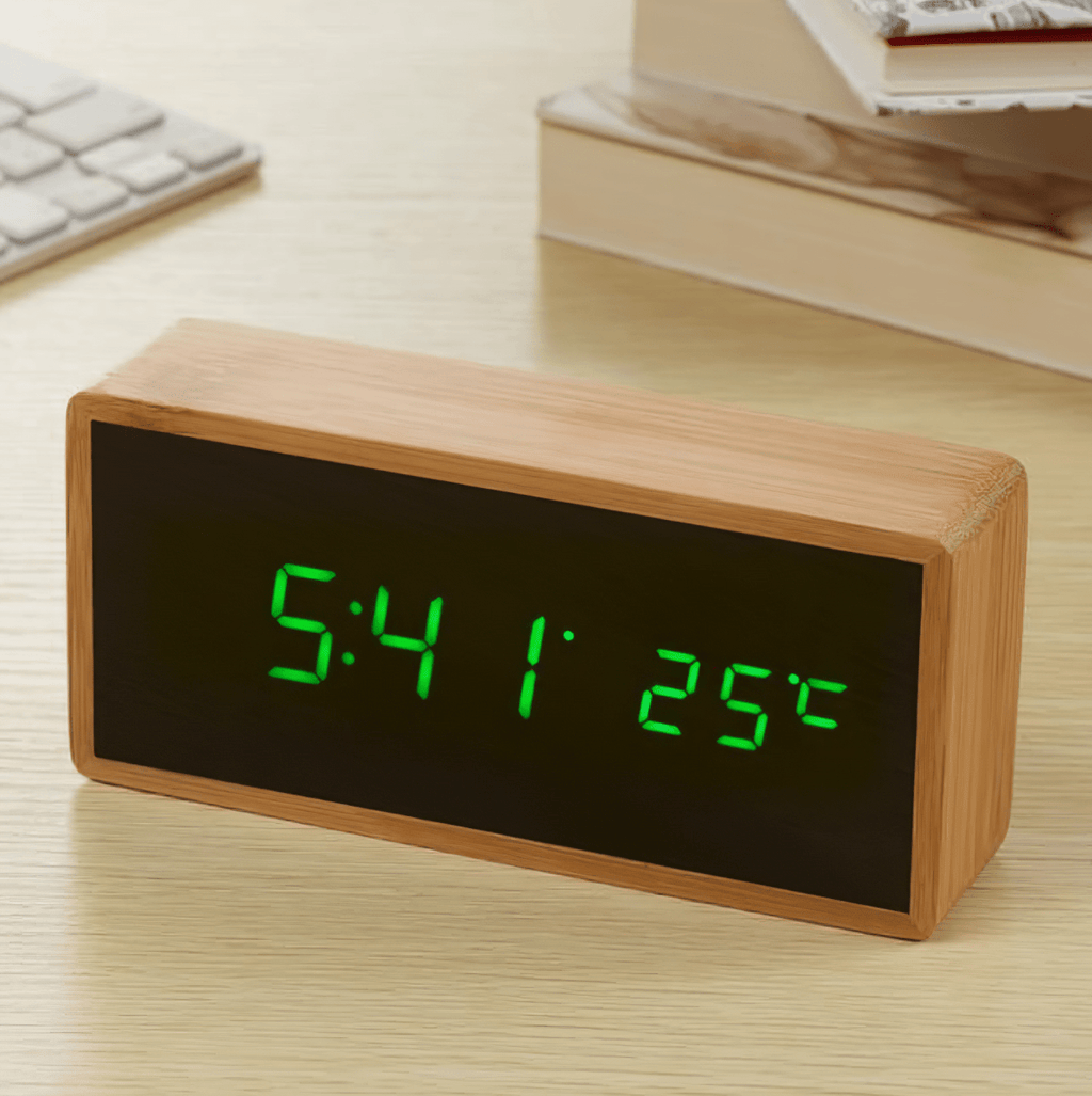 CalmLeaf minimalistischer LED Bambus-Wecker mit Temperaturanzeige