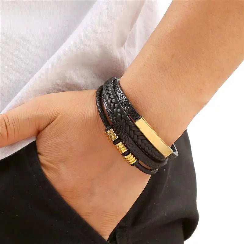 NovaForge Engravable Men's Bracelet In Braided Faux Leather Modern Style