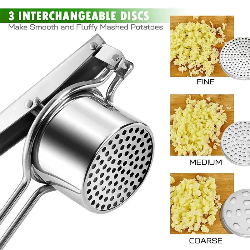 NovaPress Stainless Steel Potato Press With Three Discs For Perfect Purees And Juices
