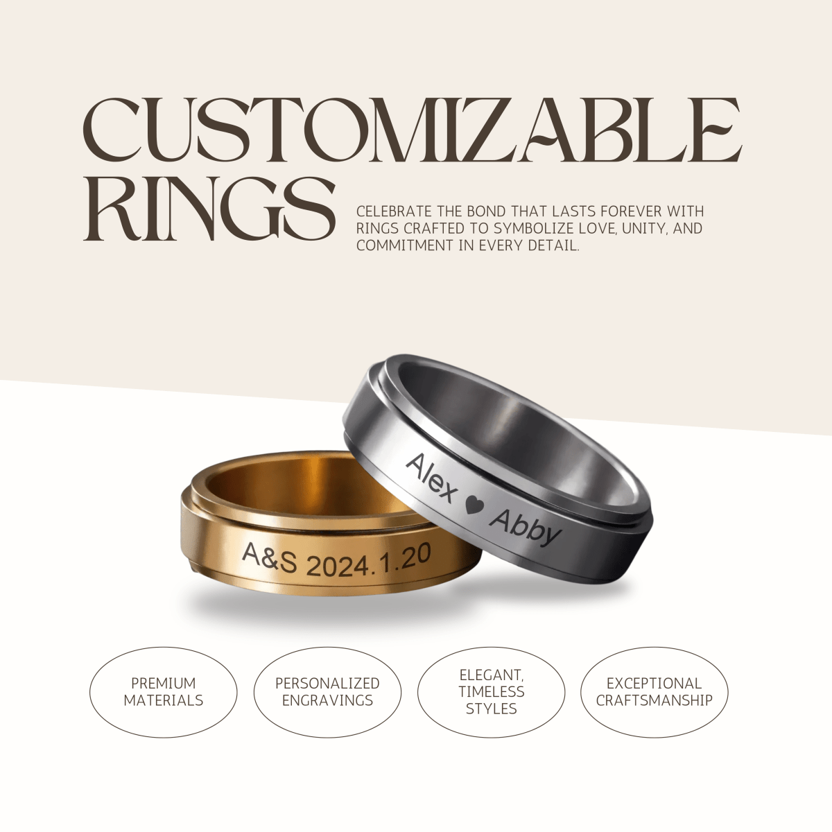 NovaSteel Engraved Stainless Steel Spinner Ring for Couples